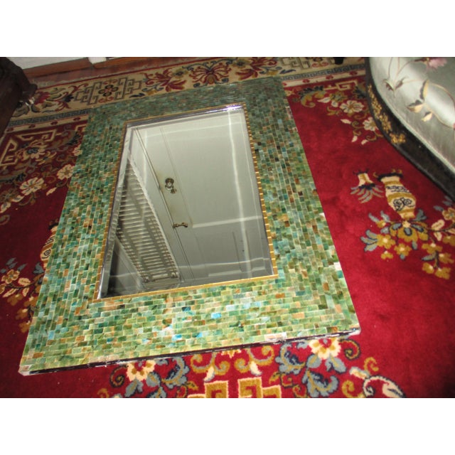 Vintage 1970s Green & Blue Mosaic Beveled Edge Mirror For Sale - Image 4 of 13