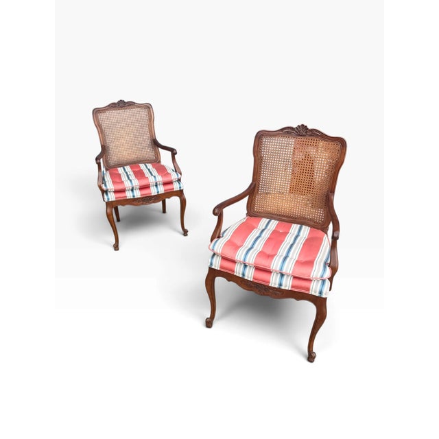1970s 1976 Kindel French Provincial Carved Wood Cane Back Armchairs – Pair For Sale - Image 5 of 16