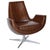 A striking pair of mid-century modern lounge chairs, newly upholstered in supple brown leather. These chairs feature a...