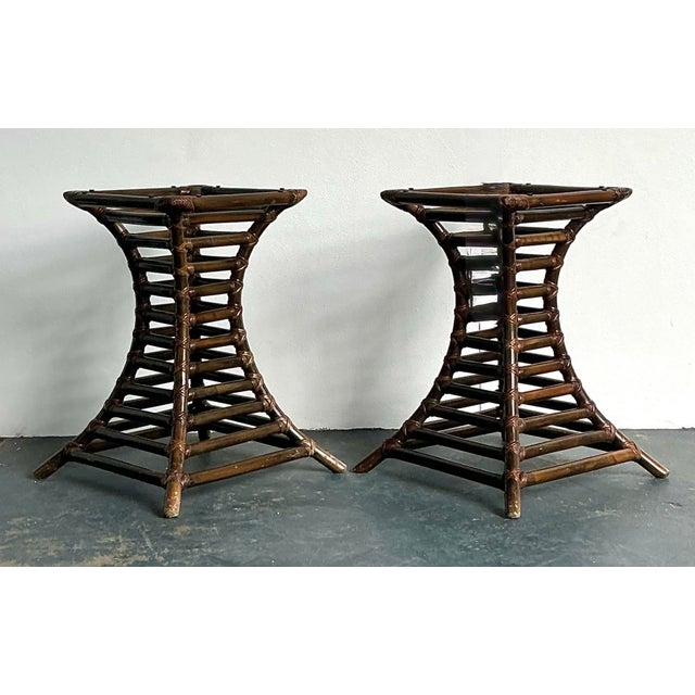 Coffee Vintage Boho Willow and Reed Stacked Rattan Table Pedestals - A Pair For Sale - Image 8 of 12