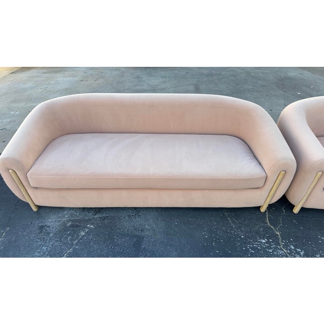 Pair of Curved Blush Velvet Sofas – Sculptural Modern Seating For Sale - Image 9 of 11