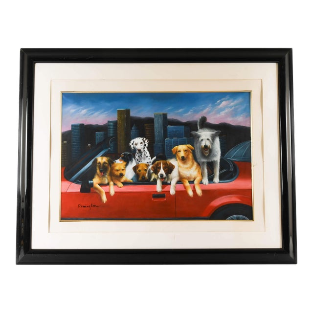 Framed Signed Remington "Canine Convertible Cruise" Oil Painting For Sale
