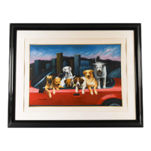 Framed Signed Remington "Canine Convertible Cruise" Oil Painting