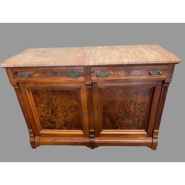 Victorian Antique Victorian Marble Top Walnut Burl Sideboard Buffet Cabinet Credenza For Sale - Image 3 of 12