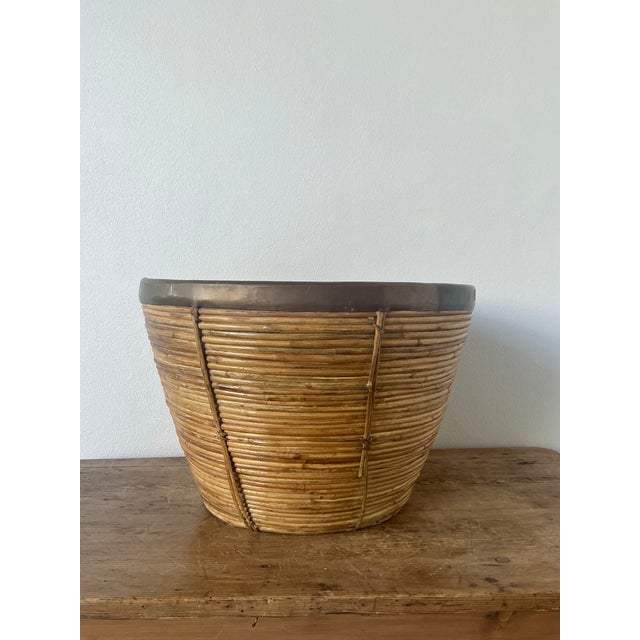 Camel Vintage Boho Monumental Brass Rimmed Pencil Reed Bowl For Sale - Image 8 of 12