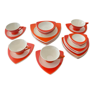 1920s Art Deco Salem Tricorne Streamline Mandarin Orange Dinnerware Place Setting for 4 - 28 Piece
