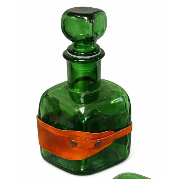 Mid-Century Modern Vintage Green Glass Decanter W/Embossed Leather Horse Motif Western 1950s-1970s For Sale - Image 3 of 5