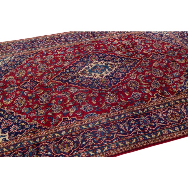 1960s Vintage Persian Kashan Handmade Red Medallion Wool Rug For Sale In New York - Image 6 of 7