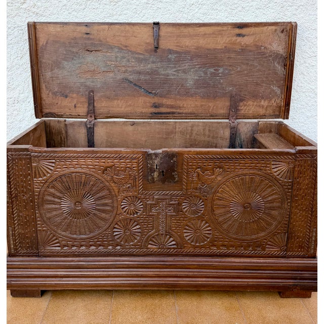 Spanish Carved Wooden Chest with Geometric and Floral Motifs, 1840 For Sale - Image 6 of 13