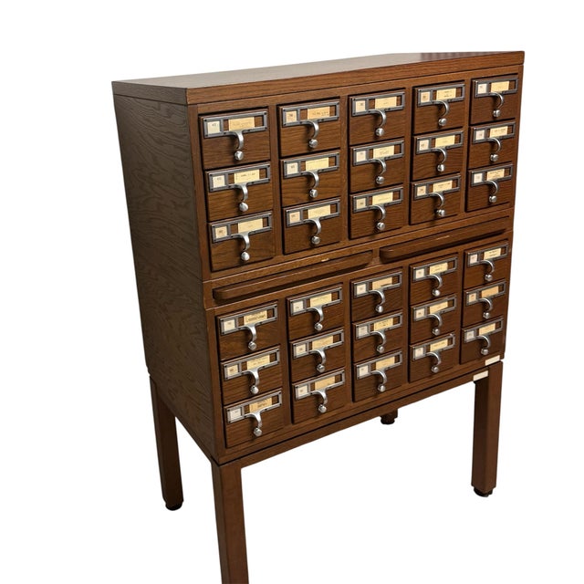 Wood Vintage Worden 30-Drawer Library Card Catalog Cabinet on Stand Oak Dewey Decimal Storage For Sale - Image 7 of 9