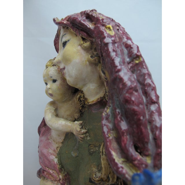 Susi Singer Terracotta Madonna With Blue Flower & Child 1951 Statue For Sale - Image 9 of 18