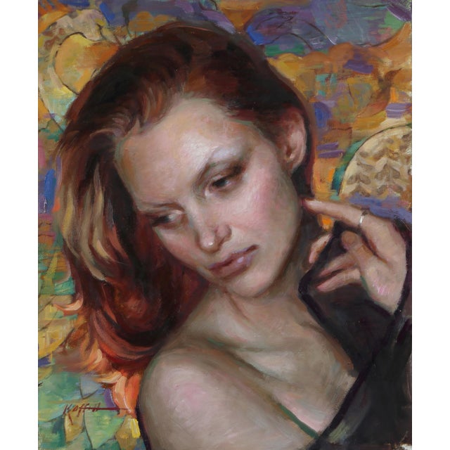 Luster presents a contemplative figure, her expression imbued with a sense of introspection. The soft blending of oil...