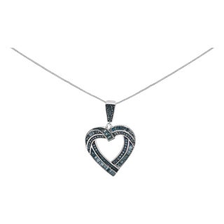 .925 Sterling Silver 1.00 Cttw Baguette and Round Blue Diamond Open Heart Pendant Necklace For Sale