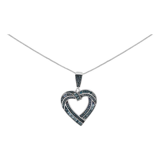 .925 Sterling Silver 1.00 Cttw Baguette and Round Blue Diamond Open Heart Pendant Necklace For Sale