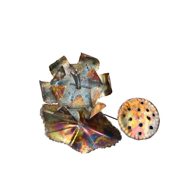 Curtis Jere Vintage Brutalist Welded Metal Lotus Flower Sculpture Iridescent Torch Patina Lily Pad Art 18” For Sale - Image 4 of 7