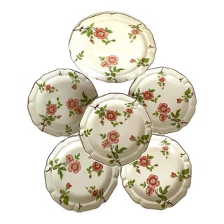 Sangostone Pink Blossom Dinner Plate & Platter Set of 5 - Pink Sakura Flowers, Yellow Centers, Green Trim For Sale