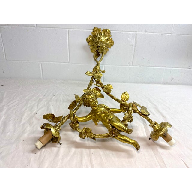 Antique Ornate Gilt Bronze Cherub Angel Putti Hanging Chandelier Fixture For Sale - Image 12 of 16