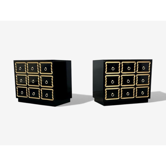 Early 21st Century Dorothy Draper Style, Hollywood Regency, Black Lacquer, Gilt, Brass, Commodes, A Pair For Sale - Image 5 of 10