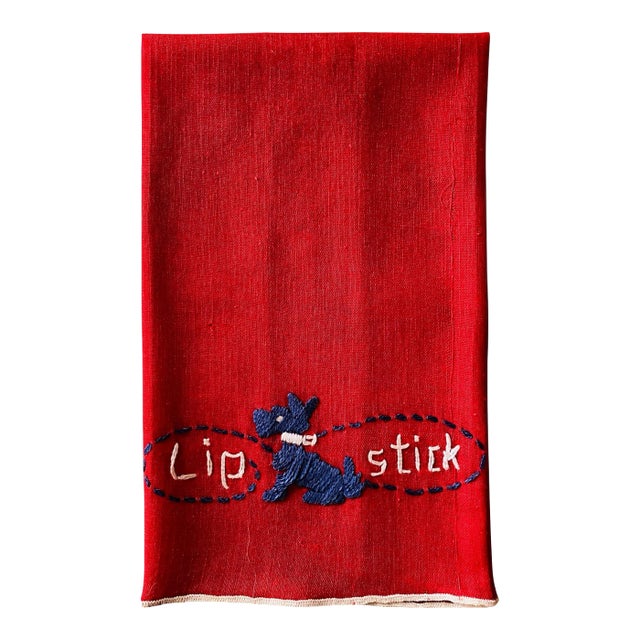 Red Lipstick Towel With Embroidered Dog, Fala, 1940s For Sale