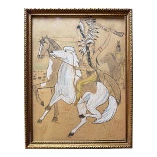 Vintage Native American Horseback Scene Colored Pencil Drawing in Gilt Frame For Sale