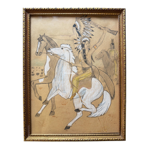 Vintage Native American Horseback Scene Colored Pencil Drawing in Gilt Frame