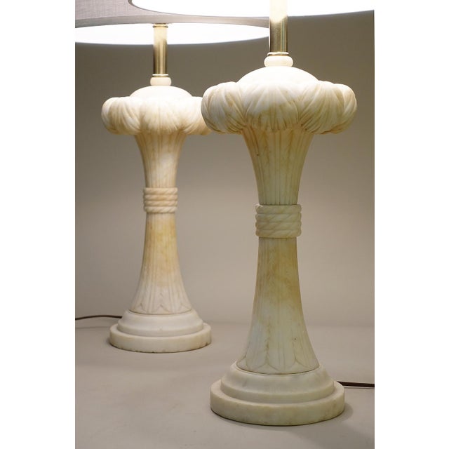 1940s 1940s Dorothy Draper Hollywood Regency Modern Solid Marble Palm Column Table Lamps - a Pair For Sale - Image 5 of 11