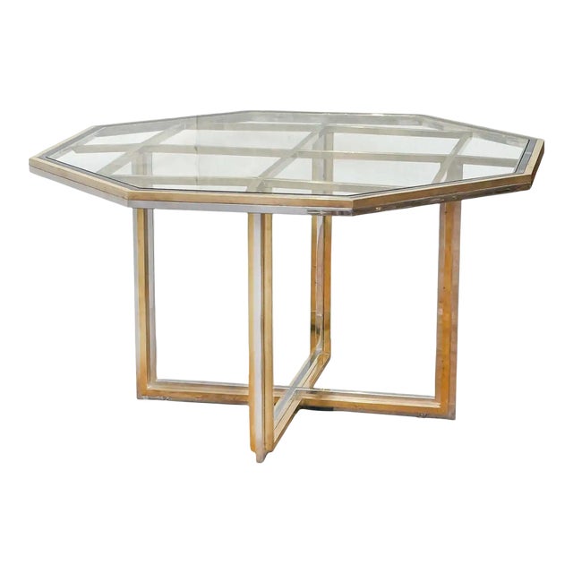 Italian Modern Octagonal Center Table of Chrome and Brass With Glass Top For Sale