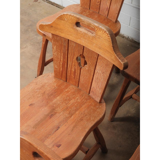Rustic Set of 6 Vintage Alpine Pine Chairs With Cut-Out Backs and Rustic Patina For Sale - Image 3 of 7