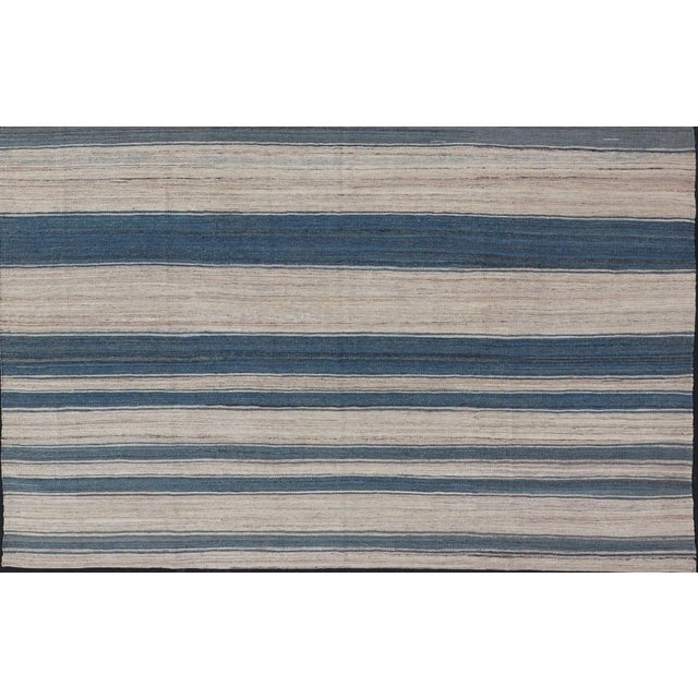 Modern Flat-Weave Kilim Blue Rug by Keivan Woven Arts, Striped Design 8'8 X 12'0 For Sale - Image 3 of 12