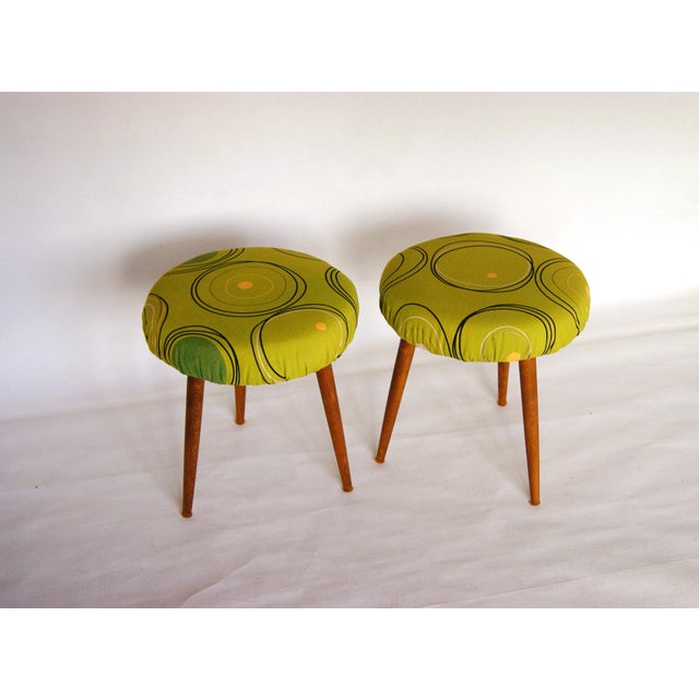 Mid-Century Modern Pair of Teak Stools With Newer Upholstered Seats With Green Design Fabric - Denmark 1960s. For Sale - Image 3 of 9