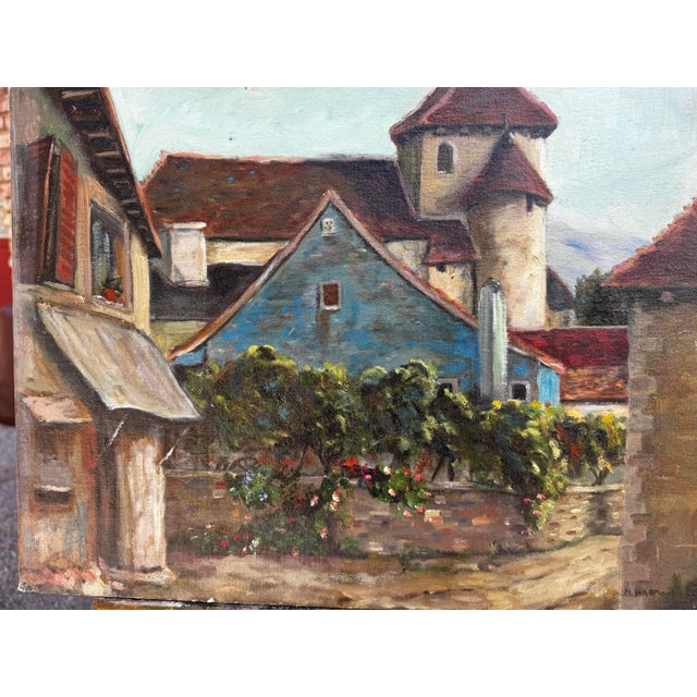 Vintage 1970's Oil Painting French Village For Sale