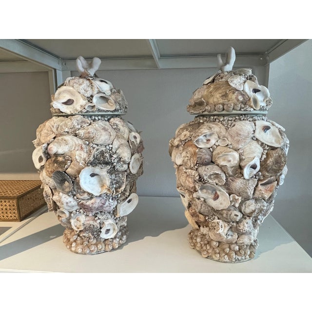 Late 20th Century Large Shell-Encrusted Urns With Lids For Sale In West Palm - Image 6 of 6