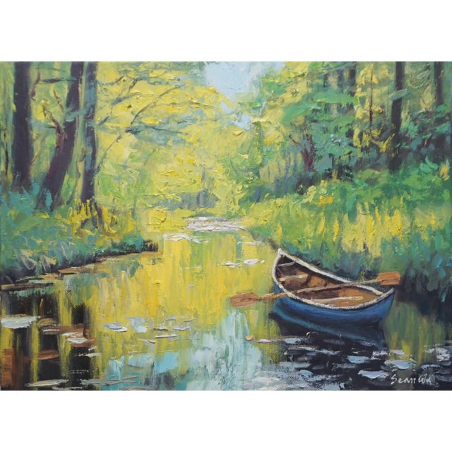 Original Oil Landscape, Pond and Small Boat For Sale