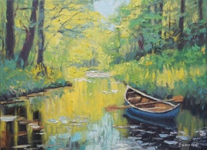 Original Oil Landscape, Pond and Small Boat