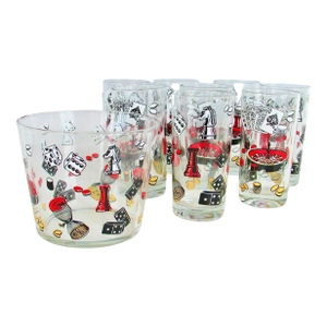 Mid 20th Century Poker Roulette Craps Las Vegas Gaming Themed Cocktail Glasses With Ice Bucket - 9 Pieces
