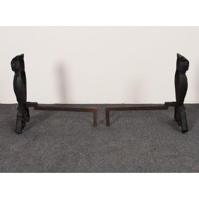 Black Vintage Cast Iron Perched Owl Andirons With Blue Green Glass Eyes For Sale - Image 8 of 18