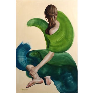 By the Shore by Robyn Asquini | Oil on wood panel Woman seated with flowing green and blue fabric. For Sale