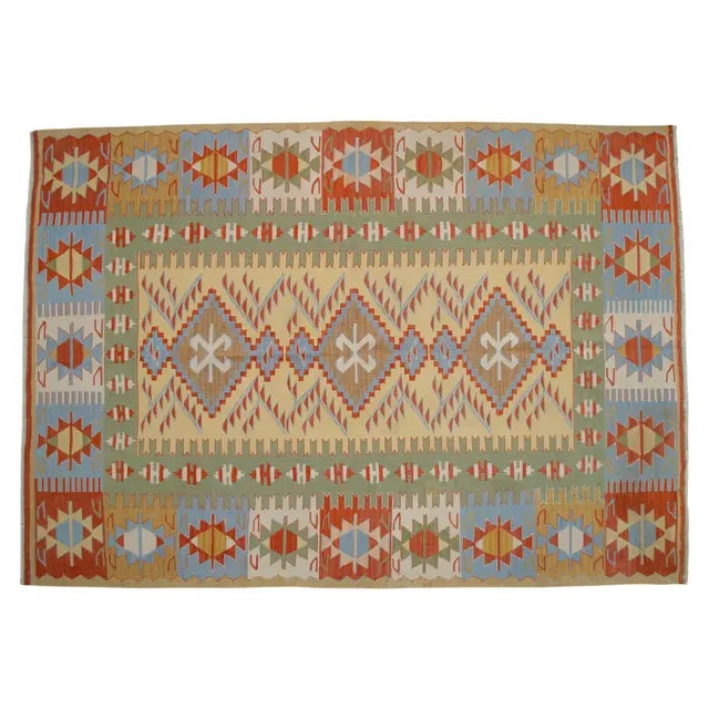 Hand Woven Super Fine Turkish Oushak Kilim Ultra Quality Flat Weave Wool Rug - 3′9″ × 5′4″ For Sale