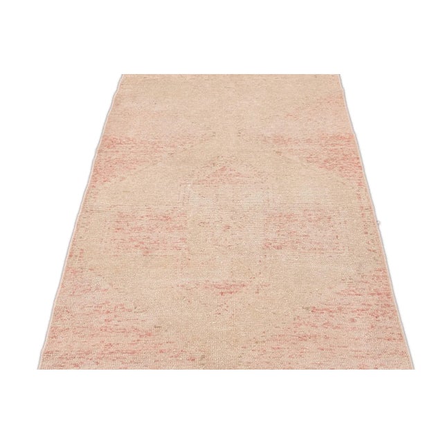 Shabby Chic Vintage Turkish Peach and Beige Handmade Geometric Wool Runner For Sale - Image 3 of 11
