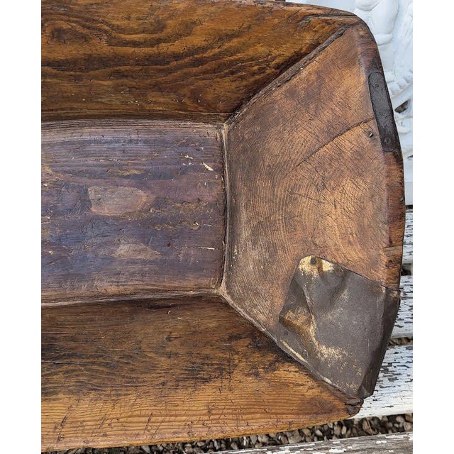 Brown Primitive 19th-Century Hand-Hewn Wood Dough Trough With Forged Iron Repairs For Sale - Image 8 of 11