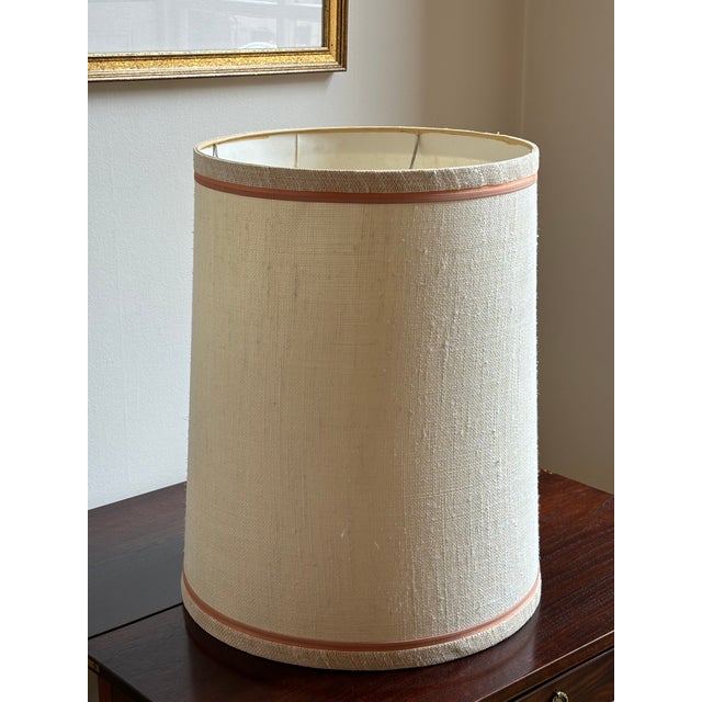 Metal Large Mid-20th Century Drum Shade W/ Peach & Salmon Decorative Trim For Sale - Image 7 of 18