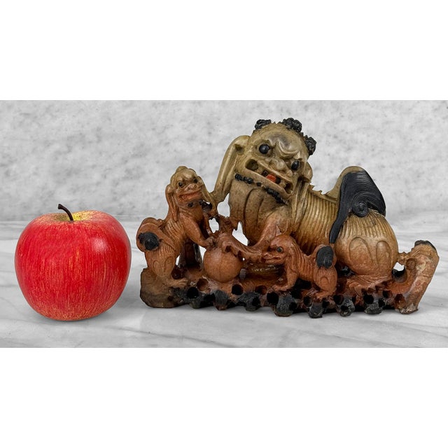Original Early 20th Century Chinese Soapstone Foo Dog Mantle Sculpture Solid Natural Soapstone with Wonderful Mottled...