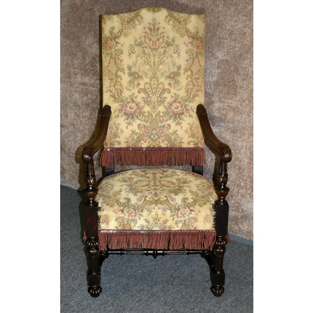 Antique Carved Oak Armchair Tudor Jacobean Style High Back Tapestry Fringe 1920s For Sale - Image 13 of 13
