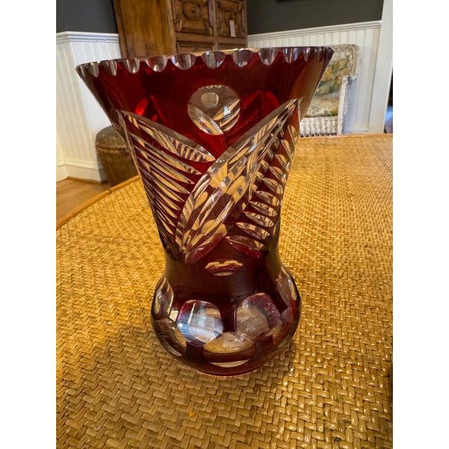 Traditional Mid 20th Century Red Cut Glass Vases With Scalloped Edges- a Pair For Sale - Image 3 of 8