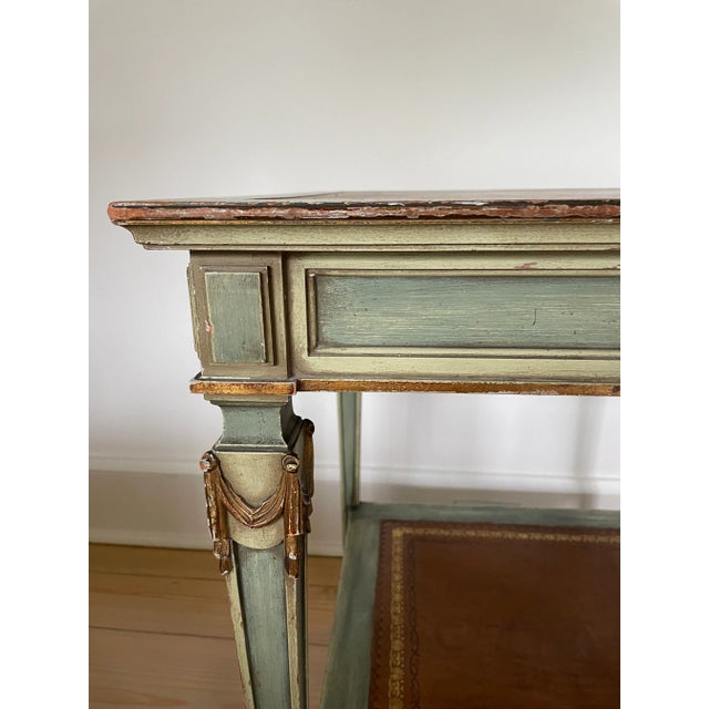 French 1990s Vintage French Empire Distressed Green Patina and Leather Tooled Inset Side Table For Sale - Image 3 of 9