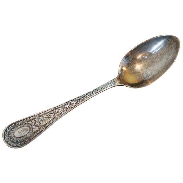 "Mid 19th century Whiting sterling silver spoon decorated in the Laureate pattern (introduced 1890) of daisies and vining...