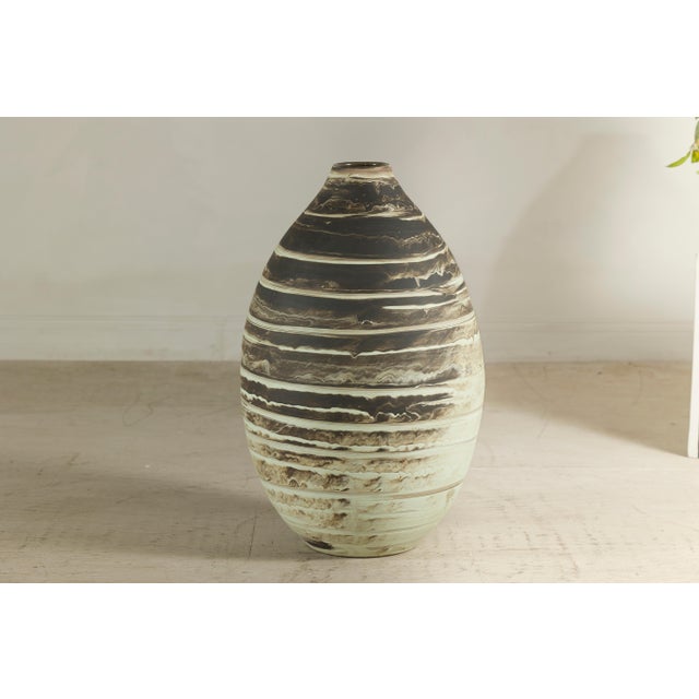 Large Artisan Ceramic Vase with Cream and Brown Striped Glaze For Sale - Image 10 of 12