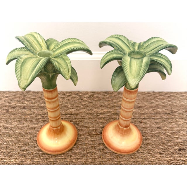 Vintage Pr Italian Hand Painted Palm Tree Candleholders For Sale - Image 9 of 11