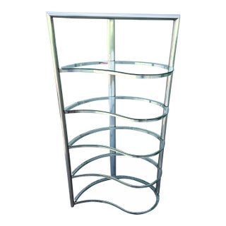 Postmodern Sculpted Brushed Metal Etagere/Bookshelf With Tear Drop Glass Shelves For Sale