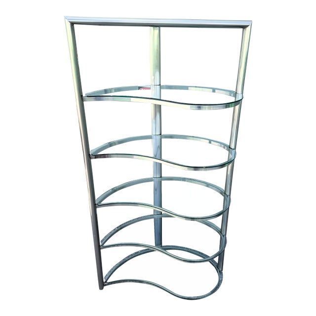 Postmodern Sculpted Brushed Metal Etagere/Bookshelf With Tear Drop Glass Shelves For Sale